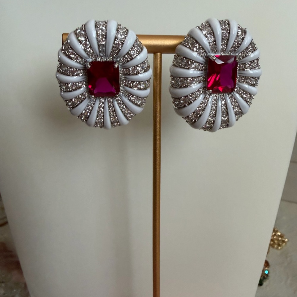 18k gold plated White and garnet zirconia Crystal Dome Clip-On Earrings
